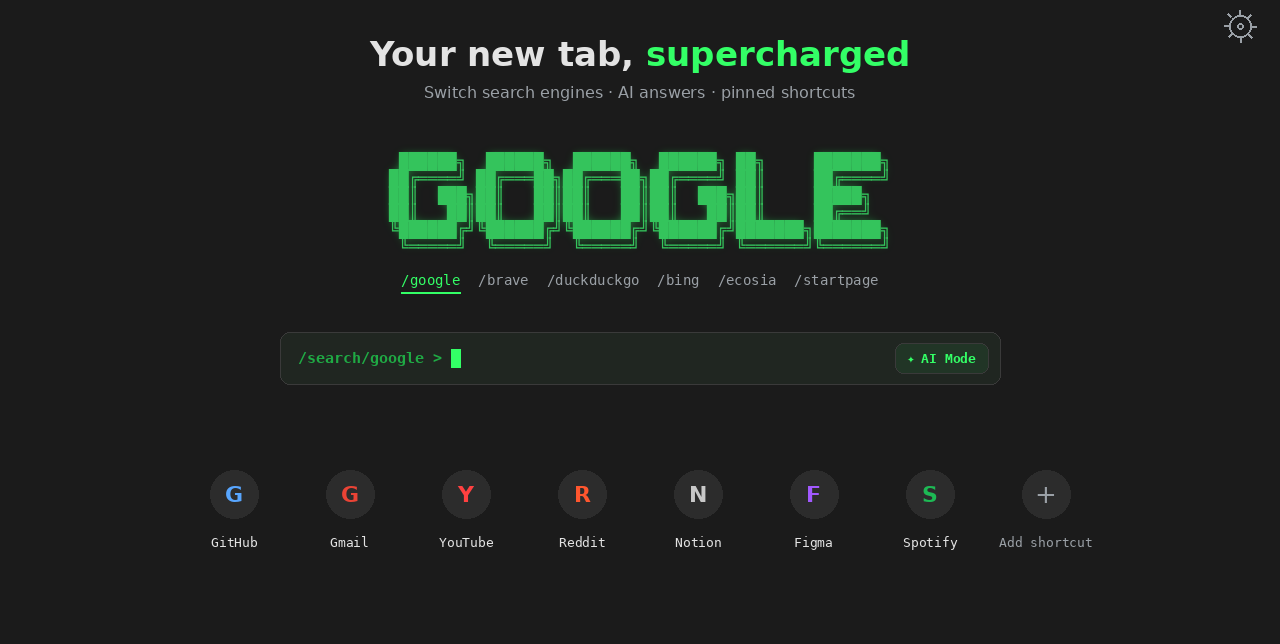 TermTab new tab page with the GOOGLE wordmark, search prompt, engine tabs, and pinned shortcuts